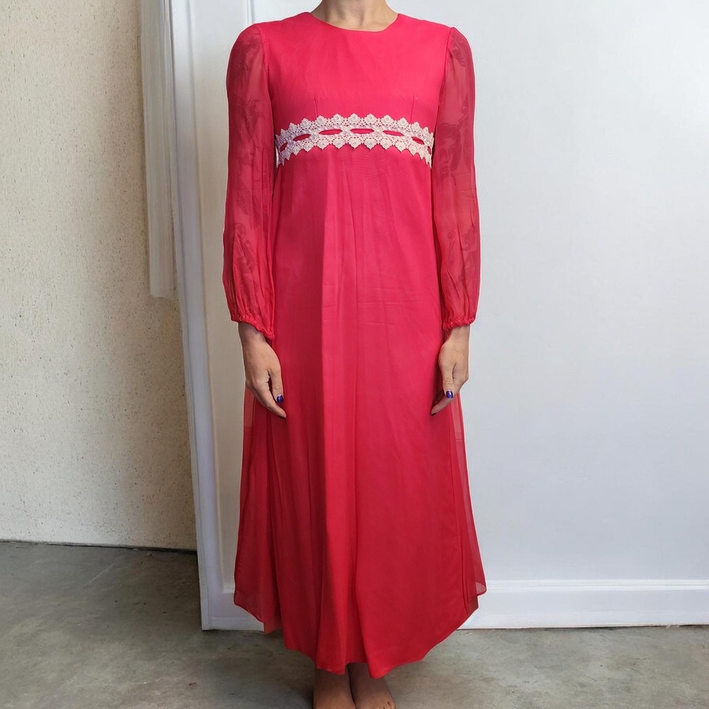 XS/S 70s Raspberry Pink Chiffon Maxi Dress: Empire Waist Prom Dress, Size Small